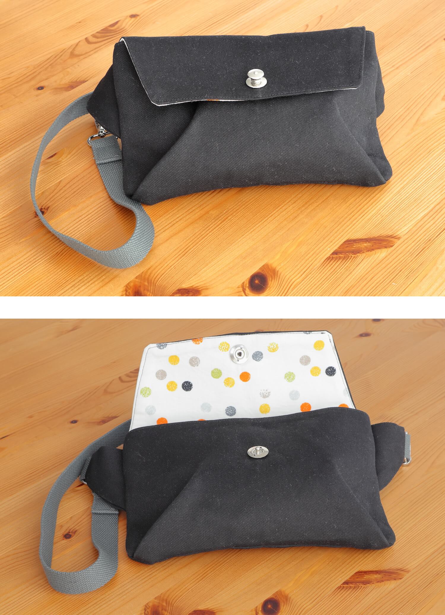 Top of the photo is a smaller bag with a silver clasp, gray strap, and it's black with a flap folded and clasped on the front, it's the size of a fanny pack or small purse. Bottom of the photo is the same bag with the flap opened up and the lining fabric has random dots of orange, gray, black, lime green, and yellow.