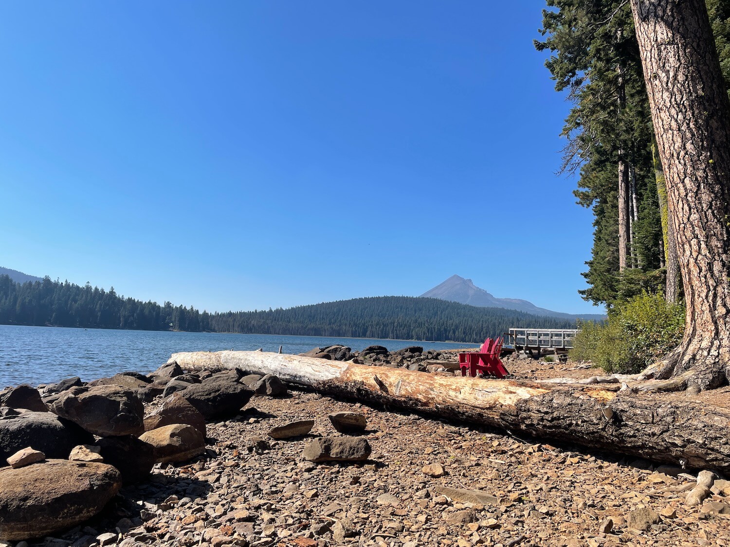 a view of a distant mountain over a lake that is surrounded by pine trees, in the foreground is a rocky beach with logs and two distant red adirondack chairs.