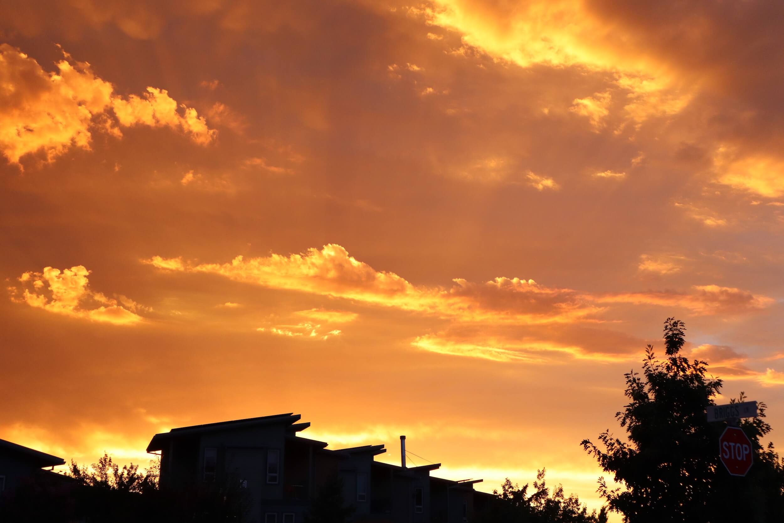 A sky light up with bright yellow/orange colors and clouds, you can see rays of the sun breaking through the clouds. There are dark shapes of a roof and tree top at the bottom.