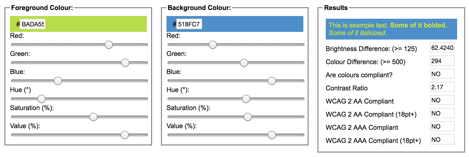 Screenshot of output from Colour Contrast Checker