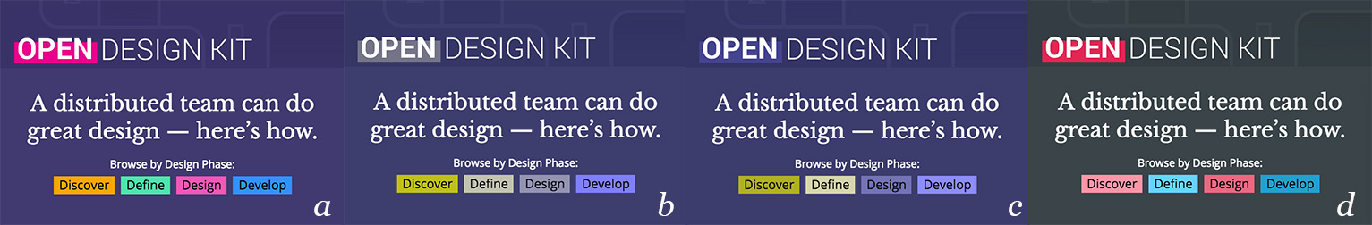 Simulation of Open Design Kit header with different types of color blindness using Color Oracle